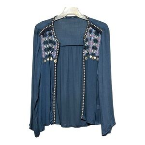 Ananda Design Open Front Embroidered Coin Top Womenโs Medium
